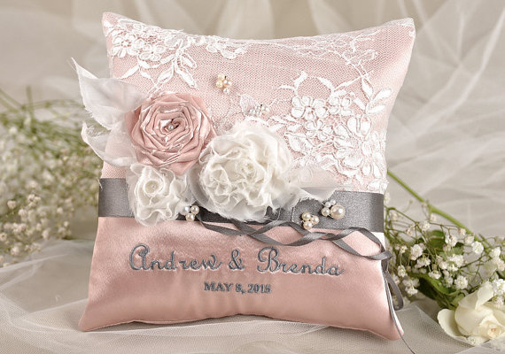 Hochzeit - Lace Wedding Pillow,  Ring Bearer Pillow Embroidery Names, Peach Satin, Lace Grey ribbon