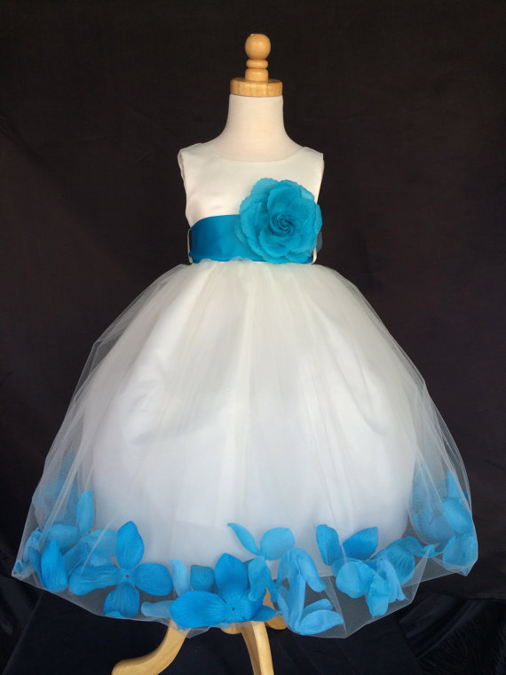Mariage - Ivory Wedding Bridal Bridesmaids Petal Flower Girl Dress Toddler 9 12 18 24 Months 2 4 6 8 10 12 14 Size Sash Color 30