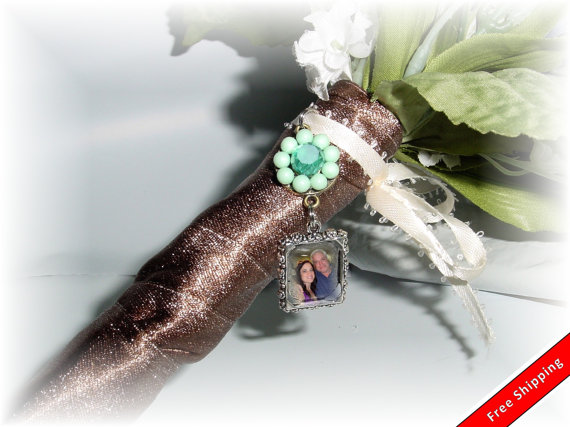 Wedding - DIY - Bouquet Charm - Silver Photo Charm Aqua Blue Flower- FREE SHIPPING
