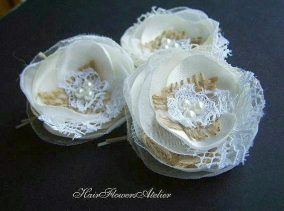 Mariage - Small Ivory Rustic Wedding Accessorry Ivory Burlap Boutonniere Ivory Rustic Boutonniere Ivory Flower Girl Burlap Shoe Clips Rustic Lapel Pin