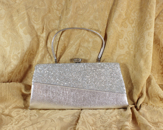 Wedding - Silver Metallic and Glitter Clutch Purse- Vintage Handbag- Convertible Handle- Rhinestone Flower Clasp- Prom, Evening Formal, Wedding