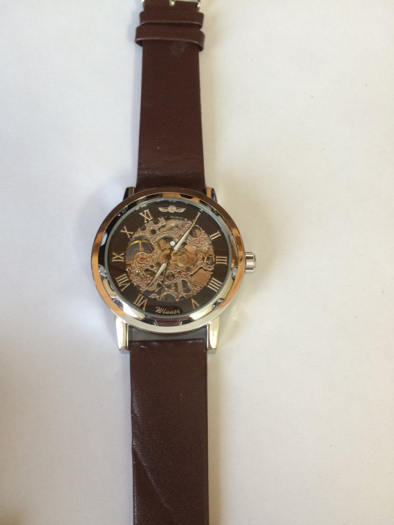 زفاف - Men's Steampunk Mechanical Skeleton Wristwatch with Black and Silver Face and Brown Leather Watch Band -Groomsmen and Wedding Gift