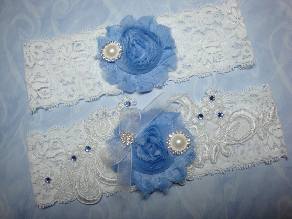 زفاف - White Lace Wedding Garter Set with Blue Flower and Sparkling Blue Swarovski Crystals