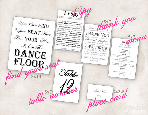 زفاف - Wedding Reception SET of 6 (Thank you, Place, Menu, I Spy, Seating and Table numbers)  black font Instant Download Just add info and print!