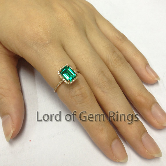 زفاف - 2.56ct Green Emerald and H SI Diamonds Solid 14k Yellow Gold Halo Engagement Wedding Ring,Bridal