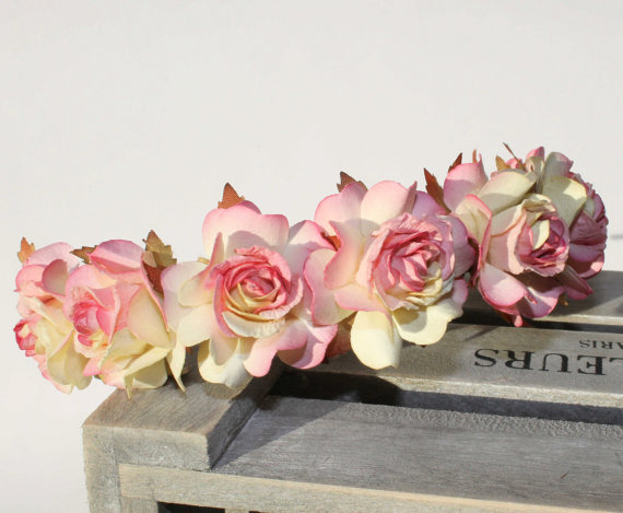 زفاف - Pink Cream Paper Rose Floral Alice Headband, Bridesmaid, Flower Girl, Boho Wedding, Festival, Prom