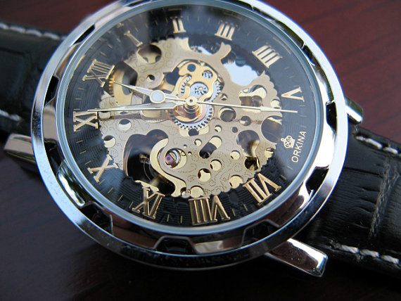 Свадьба - Elegant Luxury Mechanical Wrist Watch - Black Leather Wristband - Automatic - Mens Watch - Groomsmen Gift - Steampunk - Item MWA08