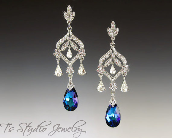 زفاف - DAPHNE Blue Crystal Chandelier Bridal Earrings - Stones available in several colors