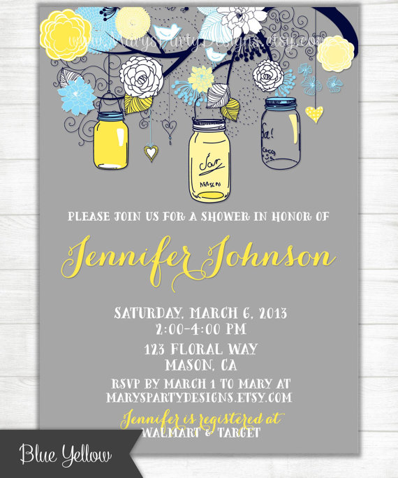 زفاف - Royal Blue Yellow Navy Gray Mason Jars Invitation - Shabby Chic Gray Bridal Boy Baby Shower Wedding Invites - Printable PDF JPEG Evite