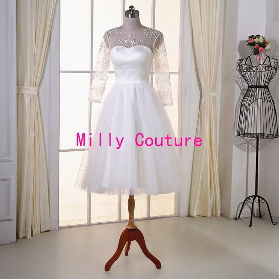 Свадьба - Lace tea length wedding dress sleeves, retro wedding dress with sleeves and tulle skirt, 50s style wedding dress