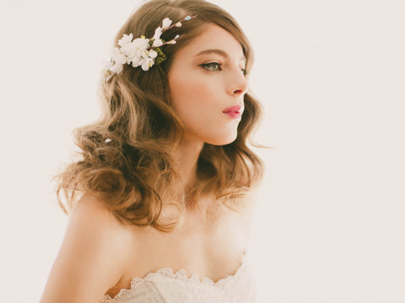 Wedding - White Cherry Blossom Hair Clip, Bridal headpiece, Bridal hair clip, Spring wedding hair accessory, White floral clip - BLOSSOM