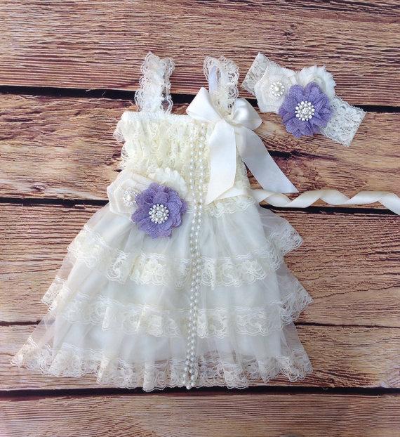 Mariage - Ivory Cream Lavender Lace BurlapToddler Baby Girl Dress, Burlap Flower, Ivory Cream Flower Girl Dress, Rustic Wedding, Vintage Dress