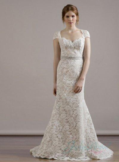 lace sheath wedding dress with cap sleeves