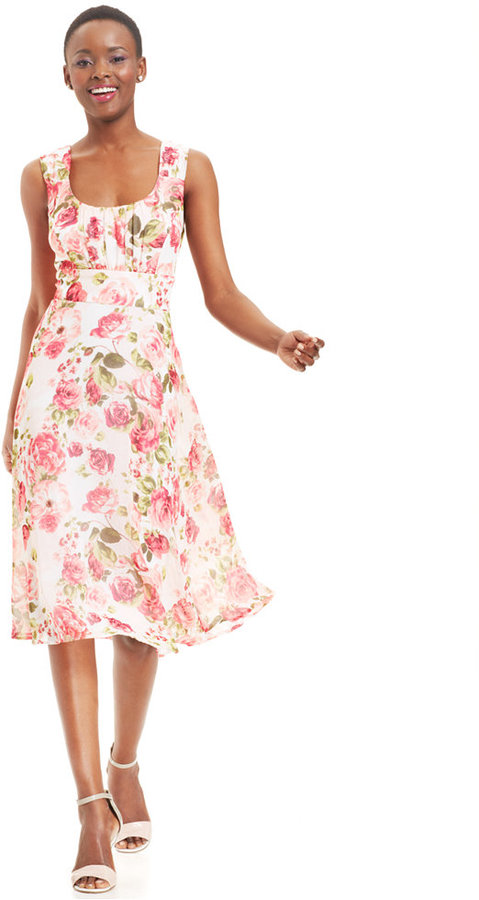 Mariage - Connected Rose-Print Tea-Length Dress