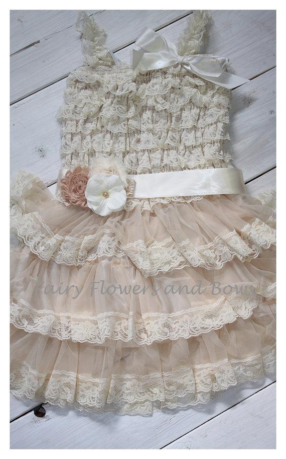 Hochzeit - Champagne  Rustic Lace Chiffon Dress with Matching Headband and Sash...Flower Girl Dress, Wedding Dress, Baptism Dress