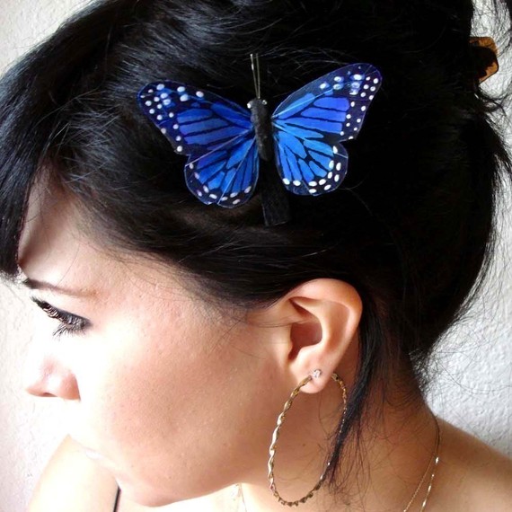 Свадьба - blue butterfly hair clip - feather butterfly clip -  whimsical hair piece - bohemian hair accessory - women's accessory - boho hair - FAITH