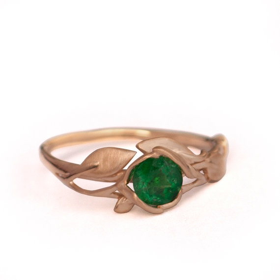 Wedding - Leaves Engagement Ring - 18K Rose Gold and Emerald engagement ring, engagement ring, leaf ring, filigree, antique, May Birthstone, vintage