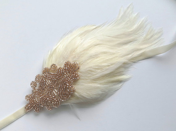 Wedding - 1920s Wedding Headband Champagne Gatsby Headpiece, Cream Wedding Feather Fascinator, Bridal Headpiece, Art Deco