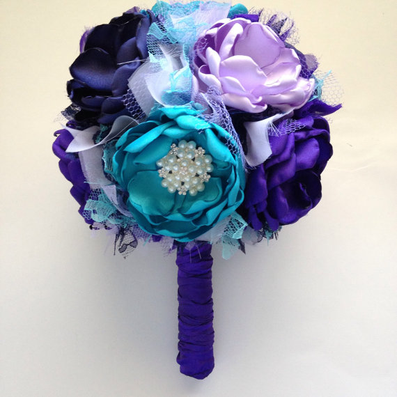 Wedding - Large Bouquet - Royal Purple, Lavender, Teal, and Navy Blue - Heirloom Bouquet, Colorful Fabric Bouquet, Keepsake Bouquet, Purple and Blue