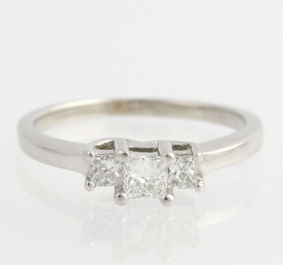 زفاف - Three Stone Diamond Engagement Ring - 14k White Gold & Platinum Princess .50ctw L264
