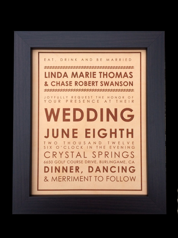 Wedding - Leather Anniversary Gift - engraved wedding invitation- 3rd anniversary Gift