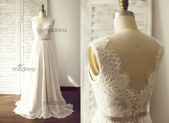 Hochzeit - Ivory Lace Chiffon Wedding Dress Deep V Back/ Backless Bridal Gown/Champagne Lining/Open Back Beach Dress