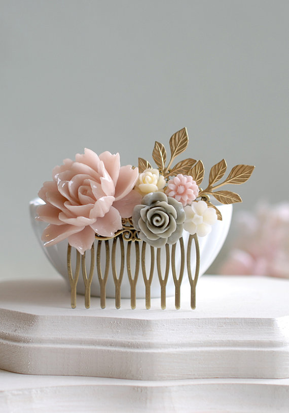 Свадьба - Pink and Grey Wedding Hair Comb Bridal Hair Comb Powder Pink Grey Ivory Flower Hair Comb Dusty Pink Rose Gold Leaf Branch Hair Comb