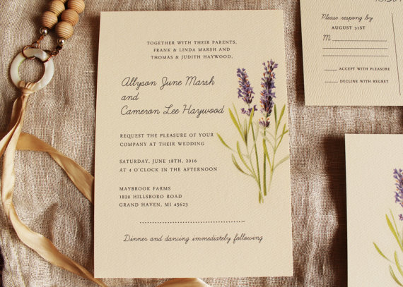 Mariage - Lavender Wedding Invitation Vintage Botanical Wedding Invitation Printable or Ship