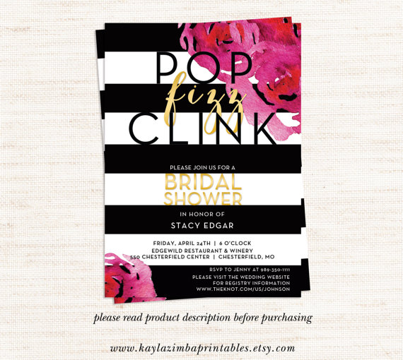 Mariage - Pop Fizz Clink Floral Wedding Shower Invitation, Striped Bridal Shower Invitation, Gold Bride to be, Pop Fizz Clink Bridal Invite