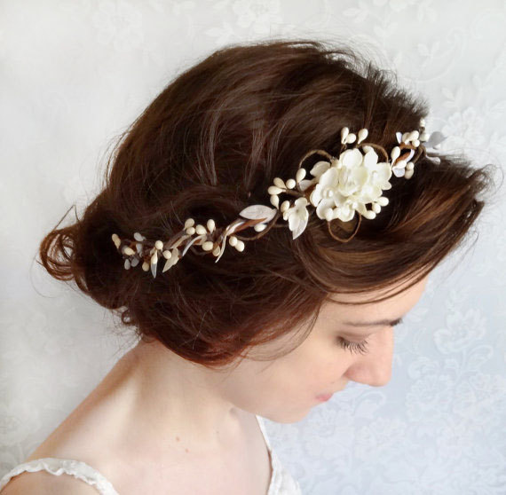 Wedding - ivory bridal headband, bridal headpiece, ivory flower crown, floral crown, bridal circlet with pearls, cream wedding hairpiece, hair vine,