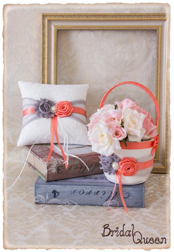 زفاف - Gray and Light Coral Flower Girl Basket, Wedding Ring Bearer Pillow, Wedding Ring Pillow, Wedding Pillow, Flower Girl basket, Custom Color