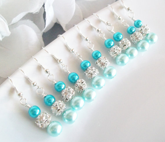 Mariage - Bridesmaid Jewelry,Set of 5 Bridesmaids Earrings,Turquoise Blue Pearl Earrings Set, Five Pairs Bridesmaids Earrings,Set of 5, Wedding