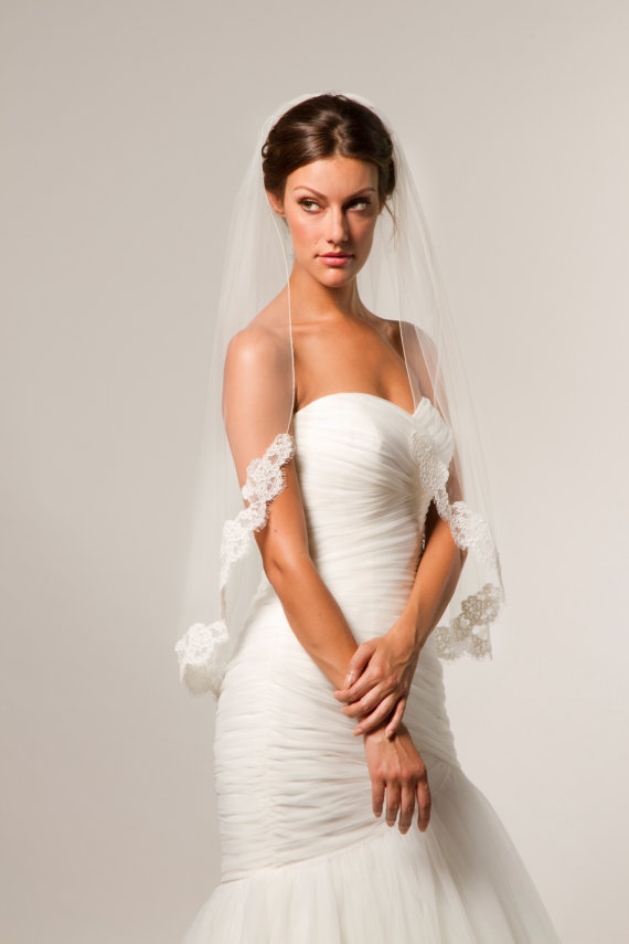 Hochzeit - Alencon Lace Veil, fingertip veil, lace fingertip veil, bridal lace veil, lace veil, bridal accessories