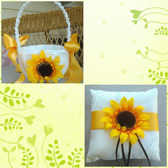 Mariage - country yellow brown sunflower wedding rhinestone flower girl ring bearer pillow basket set bride eastern, confirmation