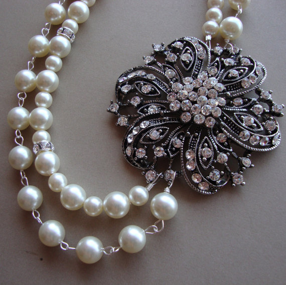 Hochzeit - Double strand Swarovski Pearls and Rhinestones Necklace, Bride Necklace, Bridesmaids Necklace, Bridal Jewelry, Bridal Party, Bridesmaid Gift