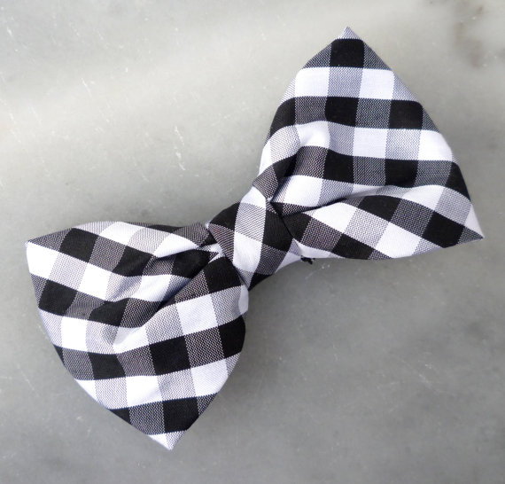 زفاف - Black and White Plaid Silk Bow Tie - Clip on, pre-tied with strap or self tying