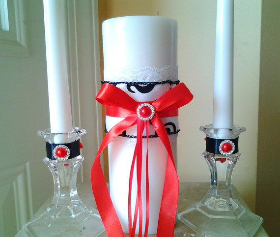 زفاف - red black white wedding ceremony unity candle set brooch crystal rhinestone