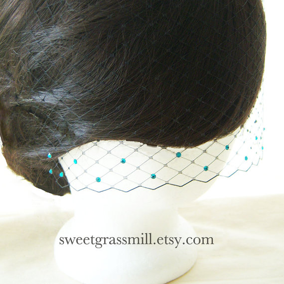 Hochzeit - Petit BLACK VEIL with TEAL Crystals - Also available in Ivory, White and Champagne Birdcage Netting