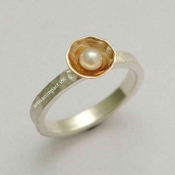 زفاف - Sterling Silver Ring, rose gold ring, engagement ring, single pearl ring, twotone ring, hammered ring, dainty ring, Pure and innocent R1324A