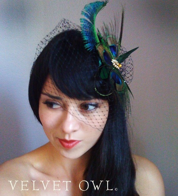 Wedding - Peacock fascinator clip or comb and detachable White Ivory or Black French Russian netting birdcage veil - THEODORA SET