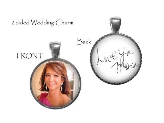 Wedding - Two sided Photo and Handwriting Boutonniere Charm, Bridal Bouquet Charm - Your Loved one's Photo and Handwriting wedding boutonniere charm