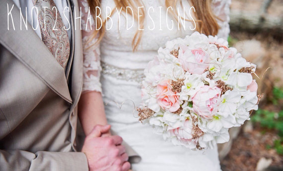 Wedding - Rose gold , blush , and ivory bridal real touch artificial bouquet with peonies , hydrangeas , and roses 