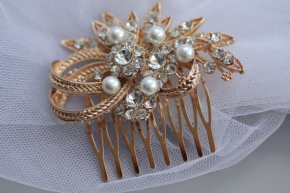 Hochzeit - Rose Gold Bridal Hair Comb, Bridal Hair Clip, Vintage Wedding Hair Comb, Rose Gold Bridal Accessories, LEATH RG