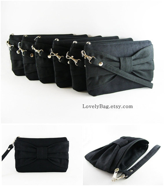 Wedding - SUPER SALE - Set of 3 Black Bow Clutches - Bridal Clutches, Bridesmaid Clutch, Bridesmaid Wristlet,Wedding Gift,Zipper Pouch - Made To Order