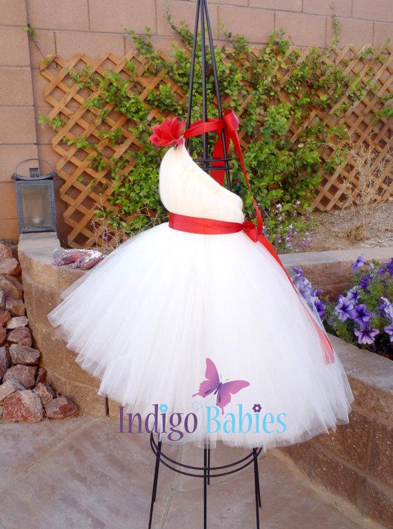 Свадьба - Tutu Dress, Flower Girl Dress, White Tulle, Scarlet Red Ribbon, Apple Red Flower, Fabric Flower, Portrait Dress, Wedding Flower Girl Dress