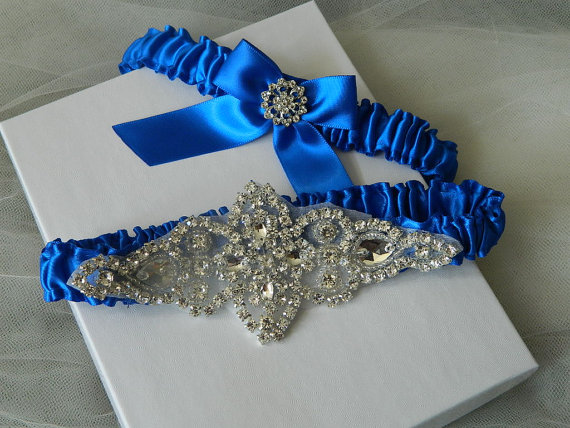 Hochzeit - Wedding Garter,Bridal Garter, Royal Blue Satin With Crystal Rhinestone Applique
