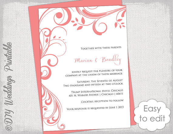Свадьба - Coral Wedding invitation template "Scroll" - Printable invitations - YOU EDIT digital Word template/ JPG Instant Download