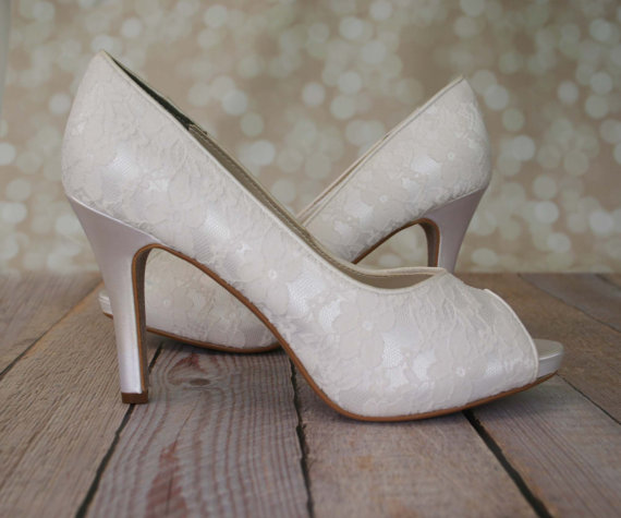 Hochzeit - Ivory Wedding Shoes -- Ivory Peep Toe Wedding Shoes with Lace Overlay