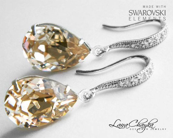Wedding - Champagne Crystal Earrings, Light Silk Earrings, Swarovski Light Silk, Sterling Silver CZ Dangle Earrings, Bridesmaids Champagne Jewelry
