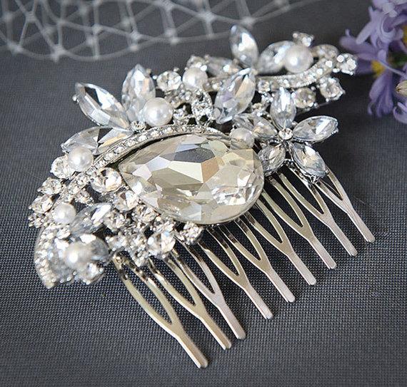 Hochzeit - LUNET, Vintage Style Bridal Hair Comb, Crystal Rhinestone and Pearl Wedding Hair Comb, Wedding Hair Accessories, Ivory, White Pearl Comb